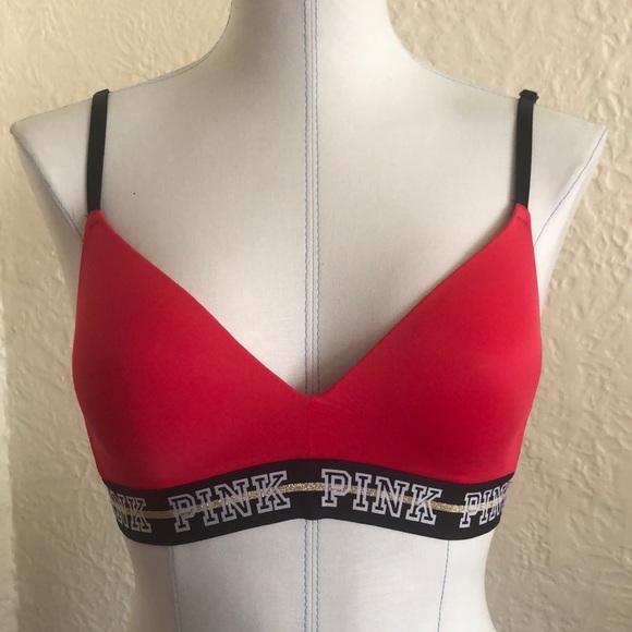 Victoria’s Secret Pink Wireless Lightly Lined Bra Red Black White Gold Logo Band - Picture 3 of 12